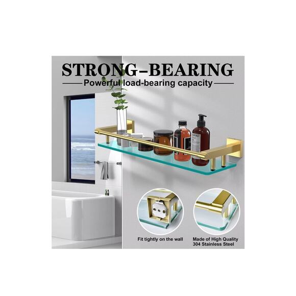 Glass Shelf For Bathroom Wall Sheves 20 Inches Rectangular Stainless Steel Tempe - Picture 2 of 3